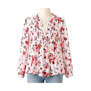 Lucky Brand Watercolor Floral Smocked Balloon Sleeve Blouse Cream Multi Size L